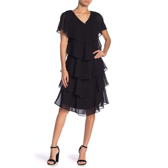 SLNY Dresses & Skirts - SLNY Womens Tiered Capelet Chiffon Dress Large Black Party Flutter Sleeve Midi